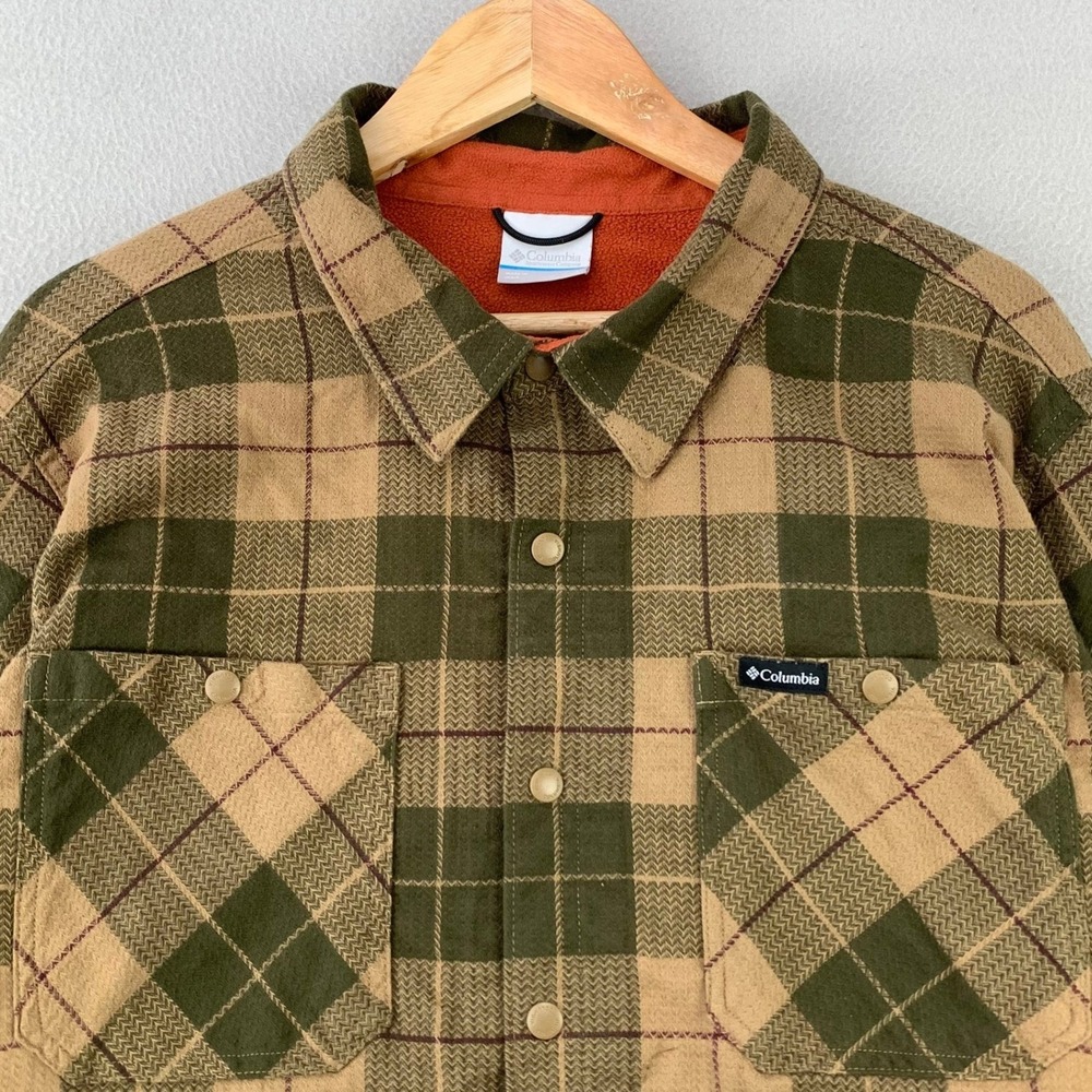 Columbia Cornell Woods Flannel Shirt Jacket Mens Large Green Plaid Fleece Lined‎